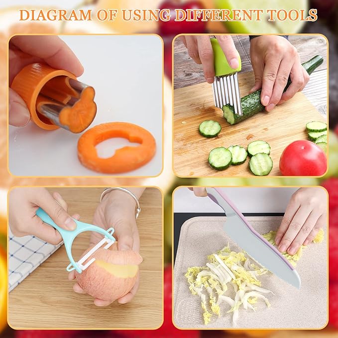 11 Pieces Wooden Kids Kitchen Knife, Pink Kids Knife Set Include Wood Kids Knife, Serrated Edges Plastic Toddler Knife, Crinkle Cutter, Sandwich Cutter, Y Peeler, Cutting Board