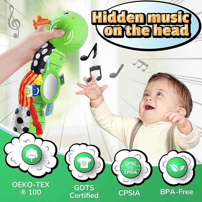 LIGHTDESIRE Baby Toys Musical Caterpillar,Infant Toys 3 6 12 Months Sensory Toy with Ruler Design,Mirror,Pull String,Crinkle&Ring Bell,Baby Teething Toy for Tummy Time Boy Girl Gifts (Lime Green)