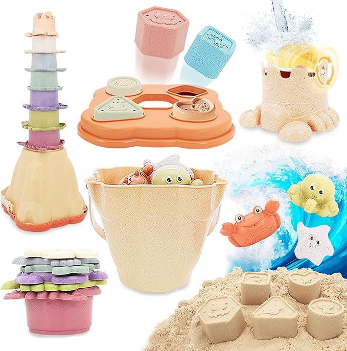 Stacking Toy for Toddler 1-3, 4 in 1 Montessori Sensory Toys, Shape Sorter for Sand Bath Play, Infant Learning Color Sorting Toy for Fine Motor Skills, Birthday Gift for Baby Boys Girls 1 2 3