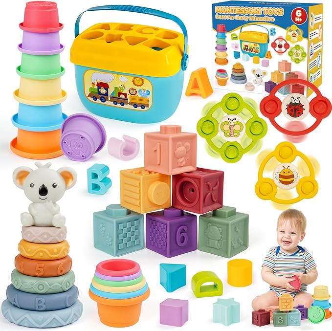 Montessori Toys for Babies Ages 6–12–18 Months with Sensory Shape Sorter Matching Game Box Stacking Cups Soft Ring, Building Blocks, Spinner Developmental Learning Toys for Toddlers 1+ Year Old