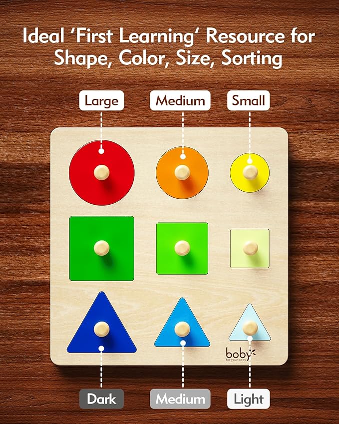 Montessori Puzzles for Babies 12-18-24 Months, Wooden Jumbo Knob Peg Puzzle Shape sorter for Toddlers 1-3 Year Old, Early Learning Sensorial Toys (Shapes & Size Sorting Puzzle)