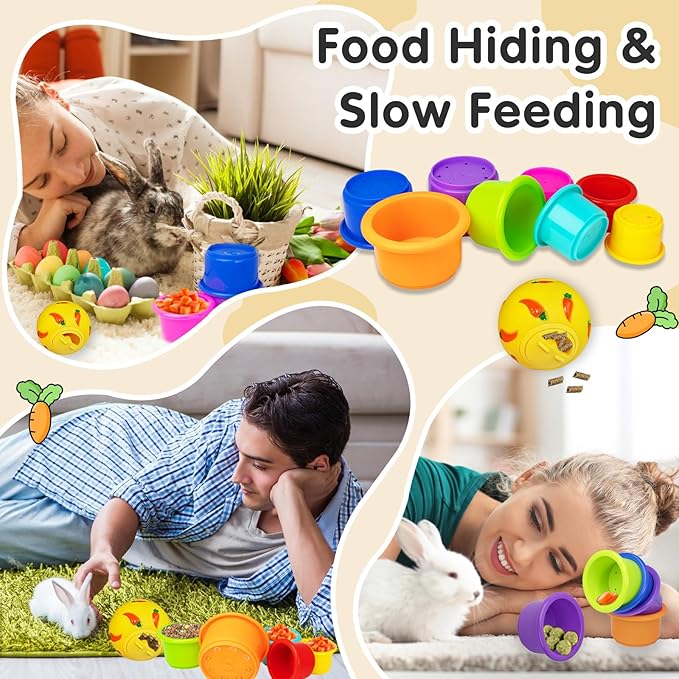 8 Pcs Colorful Stacking Cups and a Ball for Rabbits, Colorful Bunny Cups for Rabbits and Small Animals, Nesting Rabbit Cups of Different Sizes, Bunny Stacking Cups for Hiding Food and Playing