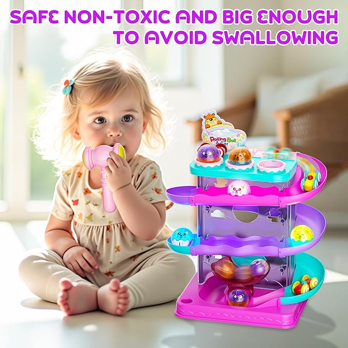 2-in-1 Rolling Ball & Car Ramp Race Track for Toddlers, Hammer Ball Drop Toy for Boys & Girls, Interactive Toys w/Sensor Lights - Montessori STEM Learning Toys - Brithday Gift for Kids 1-5+ Year Old