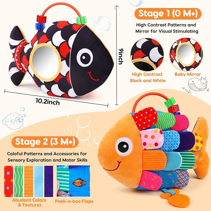 Baby Sensory Tummy Time Toys 0-6 Months Music Fish Toy for Newborn 3 4 5 6 Month Old Black and White High Contrast Infant Toys with Mirror Crinkle Rattle for 3-6 6-12 Months Baby Boy Girl Shower Gifts
