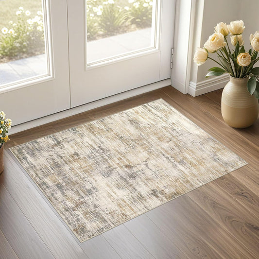 2x3 Entryway Area Rugs: Washable Neutral Abstract Small Rug Door Mat Non-Slip Soft Low Pile Indoor Carpe for Entrance Kitchen Front Door Bathroom Entry Kids Room - Golden Brown