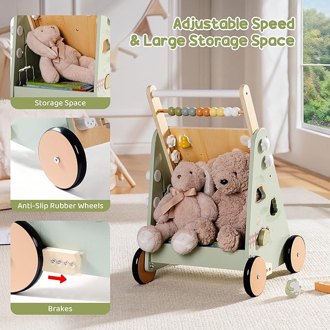 ROBUD Wooden Baby Push Walker, Forest Theme Learning Walking Toys, Adjustable Height Baby Walker with Decelerator, Montessori Toys for Baby Age 10 Months+, WRP37