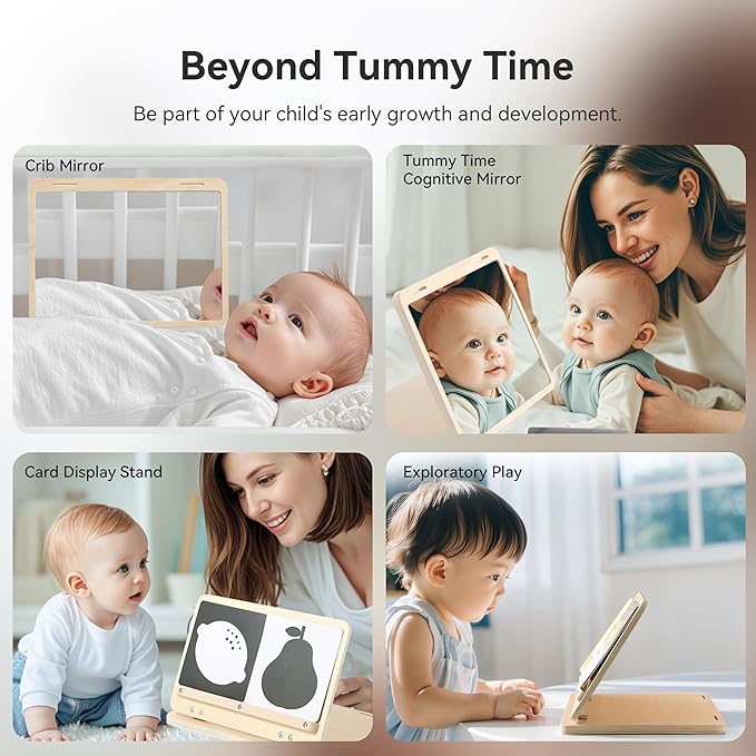 Tummy Time Play Set Adjustable Angle, Double-Sided Design, Montessori Tummy Time Toys Large Baby Safe Mirror and Card Display Stand with Black and White High Contrast Baby Cards