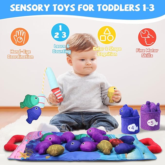 Montessori Toys for 1 Year Old - Cloth Fishing Game with Stacking Cups, Color Sorting & Number Learning Toys for Toddlers 1-3, 1 Year Old Boys & Girls Gifts