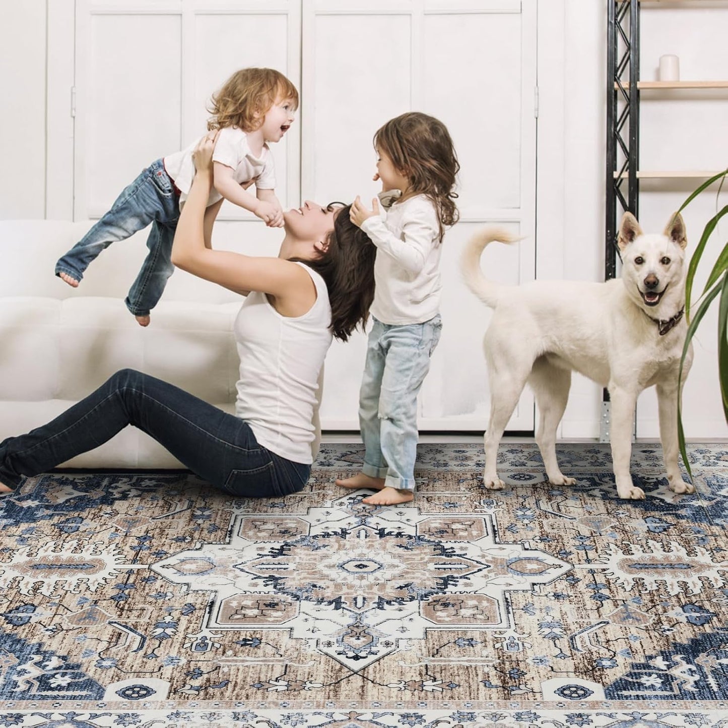 4x6 Washable Area Rug for Living Room, Carpet for Bedroom, Soft Faux Wool Retro Dining Room Rug, Non Slip&Non-Shedding Resistant Low Pile Vintage Print Rug for Home Office (Taupe/Blue)