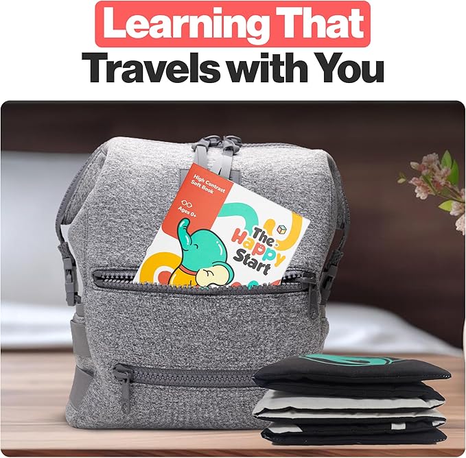 Happy Start High Contrast Baby Soft Book - Sensory Cloth Book for Newborns and Infants 0-12 Months with Mirror, Crinkle & Squeaker | Baby Tummy Time Toy, Crib, Stroller & Travel Developmental Toy