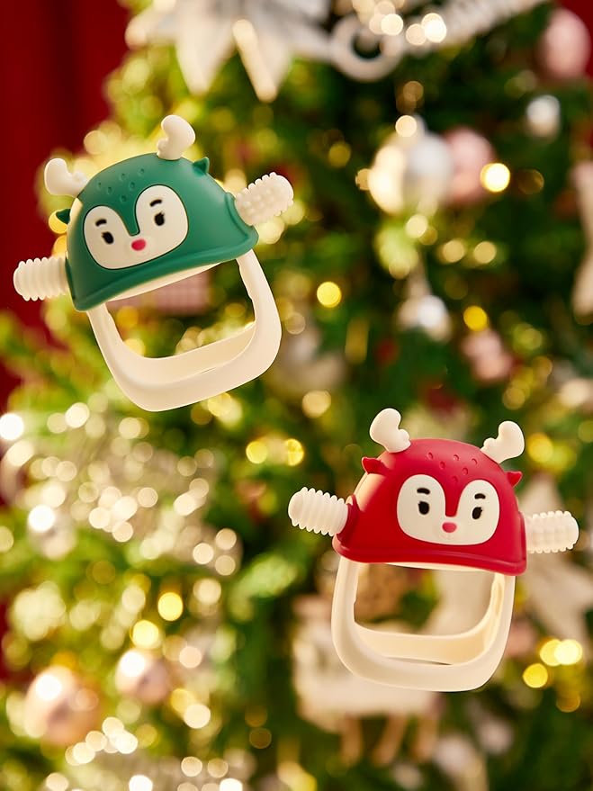 Smily Mia Baby Christmas Stocking Stuffers, Baby Teething Toys丨Penguin Teether for 0-6M, Reindeer Chew Toys for 3-6M,Teething Mittens for 6-12M Babies, My First Christmas Gift, Pine Green