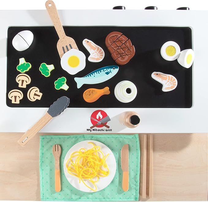 Hibachi Grill Wooden Kids Playset w/ Stools, Table Settings and Over 25 Toy Food Pieces - Noodles, Tongs, Meats, Veggies - Everything Your Little Chef Needs for Pretend Play Indoor Japanese Restaurant