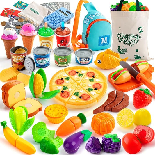 Play Food Sets for Kids Kitchen, 68PCS Grocery Store Toy Food with Shopping Bags Calculator for Kids Toddler Pretend Food with Pizza Veggies Fruits Fake Food Play Kitchen Accessories