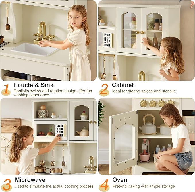 Play Kitchen for Kids, Wooden Toy Kitchen Set with Smart Storage & Accessories, Toddler Kitchen Playset with Stove & Oven, Pretend Play Set, Gift for Ages 3-8, White