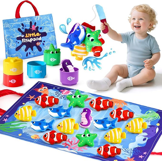 LovesTown Montessori Toys for Toddlers, Preschool Learning Toys Cloth Fishing Games with Stacking Cups Color Sorting Game for Kids Boys Girls Christmas Party Favors Gifts