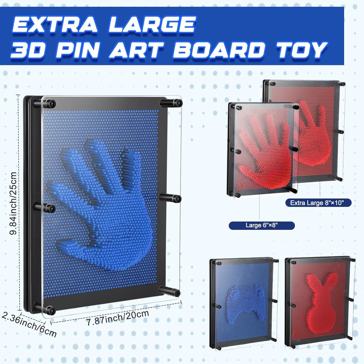2 Pack Extra Large 3D Pin Art Board Toy 10 x 8 Inch Plastic Pin Art Board Sensory Toy Stress Relief Fidget Toy for Boys Girls Adult Creative Fidgets Christmas Birthday Gifts, (Red and Blue)
