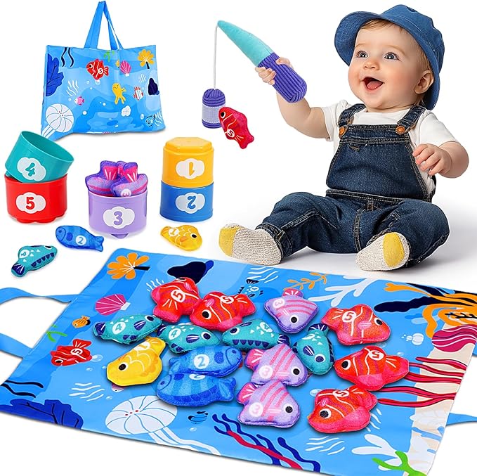 Montessori Toys for 1 Year Old - Cloth Fishing Game with Stacking Cups Toddler Toys for One Year Old Boy Girl First Birthday Gift - Sorting Learning Baby Toy 12-18 Months 1 2 Year Old