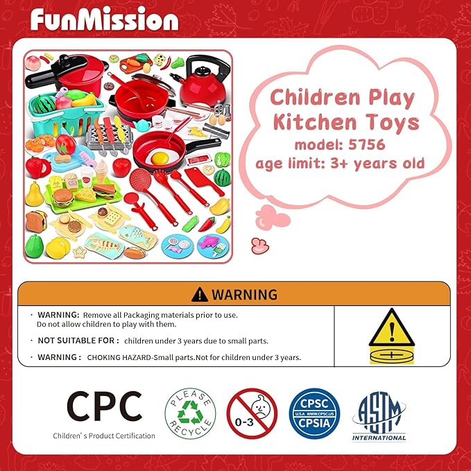 134 Pcs Toy Kitchen Accessories, Toddler Pretend Cooking Toys with BBQ Grill, Pressure Cooker, Kettle, Pots, Pans, Kitchen Playset for Cutting Play Food, Learning Gift for Girls Boys