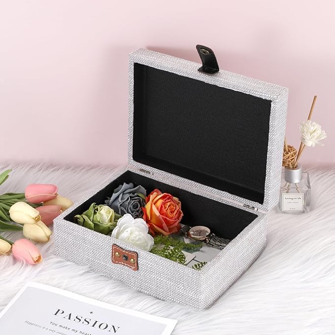 Hipiwe Decorative Jewelry Storage Box Gray Wooden Case with Linen Covered Treasure Chest for Women Gift Photo Organizer with Clasp Keepsake Box Home Decor, Medium