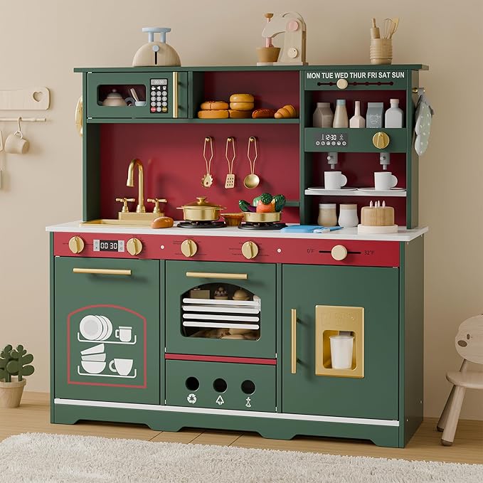 Play Kitchen Set, Kids Kitchen Playset with 21 Fun Accessories, Toy Kitchen Set with Realistic Appliances, Smart Storage, Wooden Play Kitchen for Kids, Gift for Ages 3+ (Green & Red)