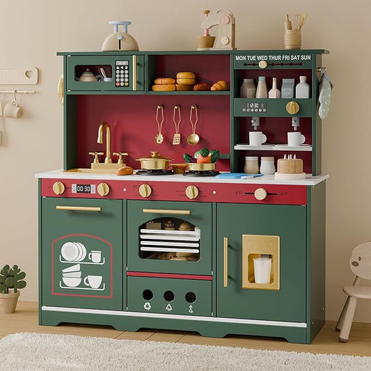Play Kitchen Set, Kids Kitchen Playset with 21 Fun Accessories, Toy Kitchen Set with Realistic Appliances, Smart Storage, Wooden Play Kitchen for Kids, Gift for Ages 3+ (Green & Red)