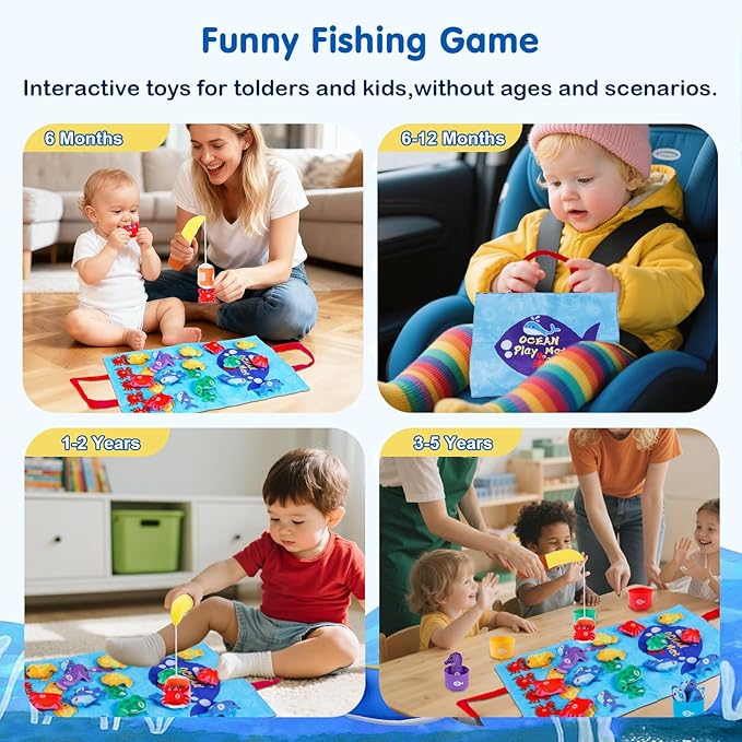 M SANMERSEN Montessori Toys for 1-2 Year Old - Toddler Fishing Game with Stacking Cups, Baby Toy 12-18 Months One Year Old Boy Girl Birthday Gift to Learn Count, Sort Colors and Shapes
