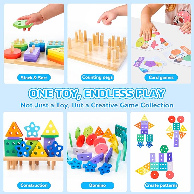 Shape Sorters for Toddlers 1-3 with 24-Piece Large Blocks & 12 Word Cards, Montessori Sensory Developmental Toy for Baby 12mo+, Wooden Stacking Puzzle Toy for 2-4 Year Old Kid Boy & Girl Birthday Gift