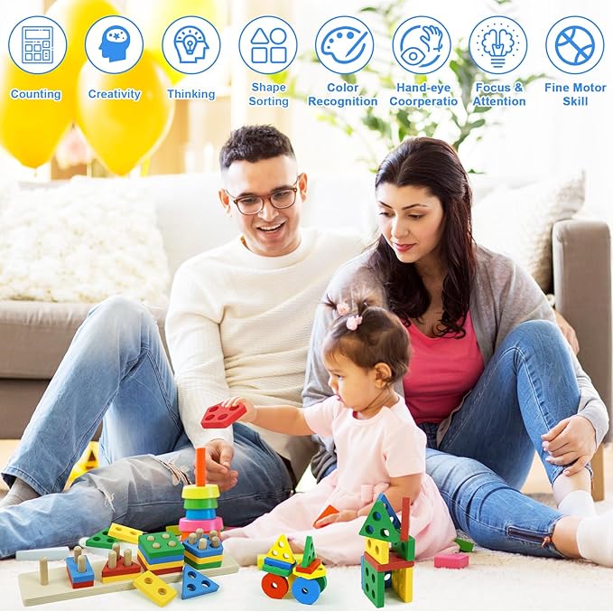 Shape Puzzles Wooden Color Sorting Toys for Toddlers 3 4 5 Year Old Matching Shape Sorters Toy Wooden Blocks Learning Educational Toys for Boys Girls Classroom Birthday Easter Gifts