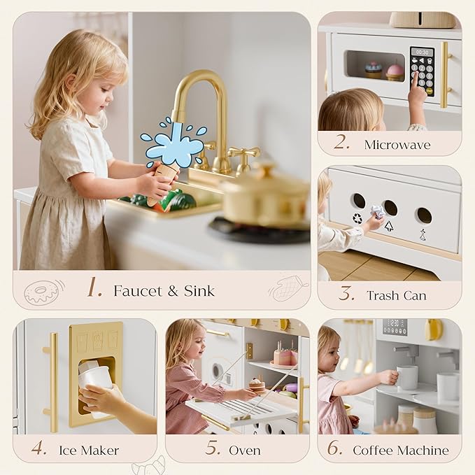 Play Kitchen Set, Kids Kitchen Playset with 21 Fun Accessories, Toy Kitchen Set with Realistic Appliances, Smart Storage, Wooden Play Kitchen for Kids, Gift for Ages 3+ (White & Gold)