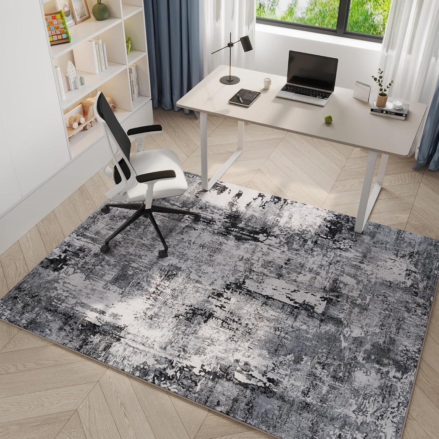 4x6 Rug Washable Boho Soft Area Rug Abstract Pattern Non-Slip Faux Wool Vintage Rug for Living Room, Bedroom Rug, Farmhouse, Dining Room, Kids Playroom, Grey and Black