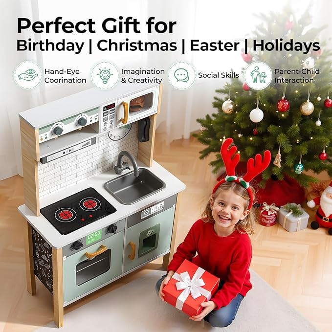 Play Kitchen Wooden Kids Kitchen Playset Pretending Toys for Toddlers with Real Lights & Sounds, 3 Heights Adjustable, Chalkboard, 35Pcs Toy Food & Cookware Accessories-Green