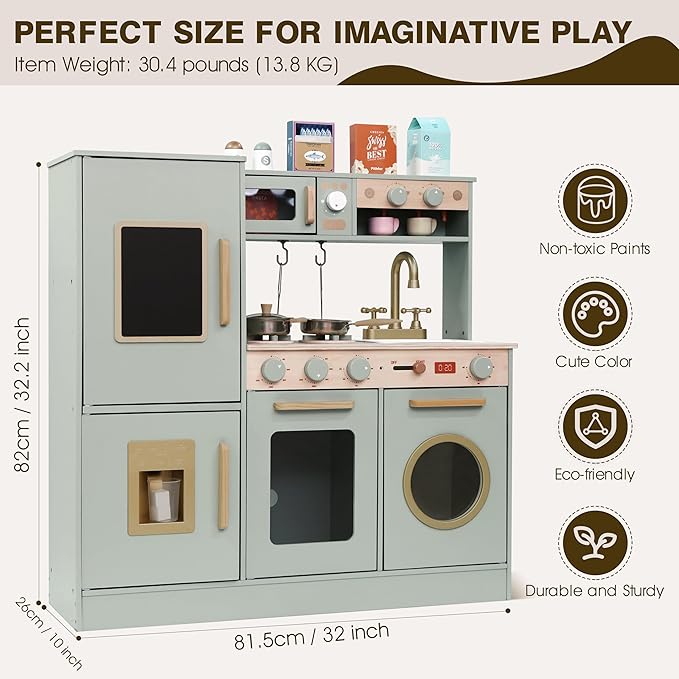 Wooden Kitchen Playset for Kids Toddler, Pretend Play Kitchen Set Toy for Girls and Boys, with Kitchen Accessories - Green