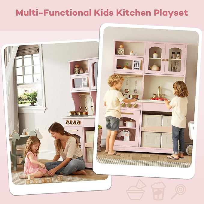 Play Kitchen for Kids, Wooden Toy Kitchen Set with Smart Storage & Accessories, Toddler Kitchen Playset with Stove & Oven, Pretend Play Set, Gift for Ages 3-8, Pink