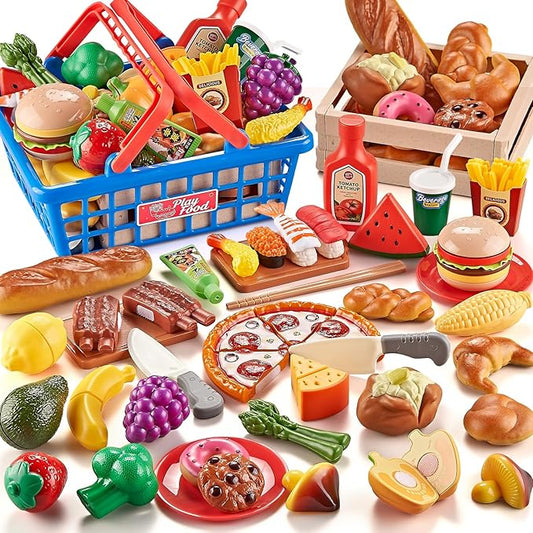 Play Food Sets for Kids Kitchen, Global Cuisine Toddler Cutting Fake Food Toys Including Pizza, Sushi & Bakery , Pretend Toy Food & Play Kitchen Accessories with 2 Baskets, Ideal Gift for Boys Girls