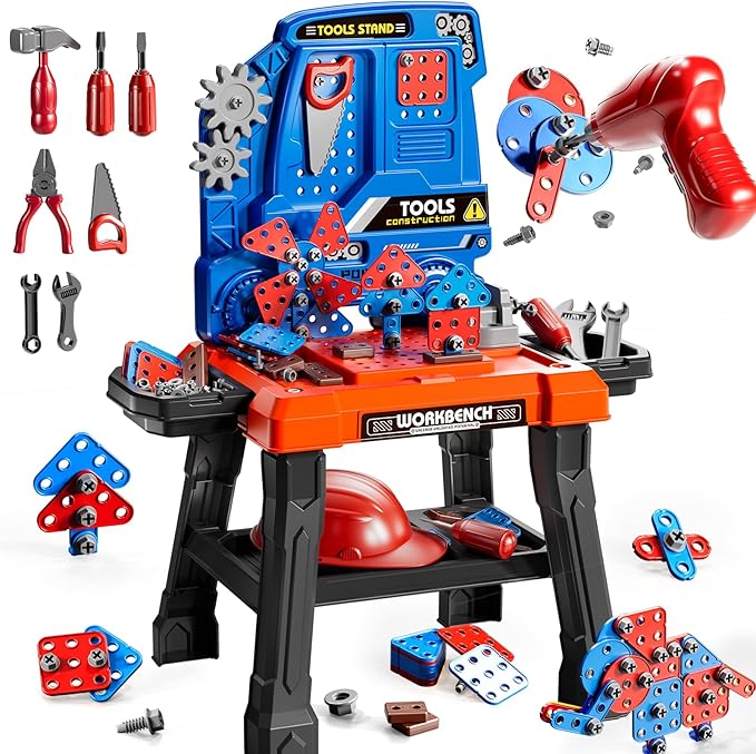 Kids Tool Toy Playset with Electronic Drill Sound for Aged 3 4 5 6 7 8, Workbench Toys for Toddlers 3-5, Pretend Play Tool Box, Construction Mechanic Set, Birthday Gift for Boys Girls Ages 3-8