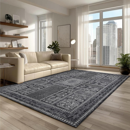 4x6 Washable Area Rug for Living Room, Carpet for Bedroom, Soft Faux Wool Retro Dining Room Rug, Non Slip&Non-Shedding Resistant Low Pile Vintage Print Rug for Home Office (Grey)