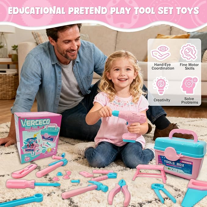 Kids Tool Set 55Pcs Tool Box Toddler Tool Kit for Girls Play Tools Toy with Tool Belt Electronic Toy Drill Safety Vest Pretend Play Construction Toy for Girls Boys Ages 3 4 5 6 7 Years Old