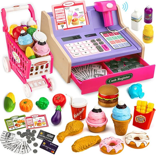Wooden Cash Register for Kids with Shopping Cart Rechargeable Kid Cash Register with Scanner Gift for Kids Age 3 4 5 6 7 8 9 Year Old Pretend Play for Toddlers Toys for 3-12 Year Old Girls