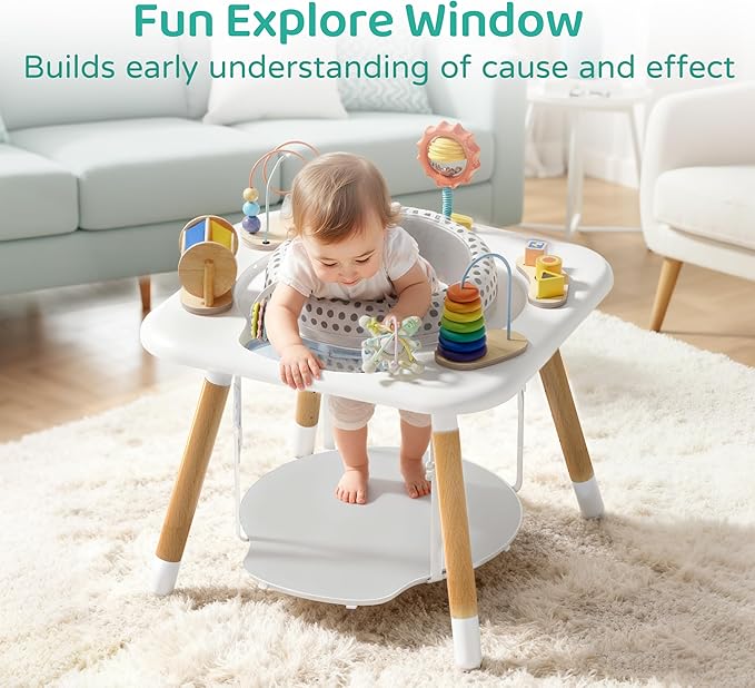 Kizfarm Baby Activity Center, Montessori-Inspired Baby Bouncer with 7 Interactive Toys, 360° Rotating Seat, Wooden Jumper, Play Gym & Toddler Table for Ages 6-36M, Must-Have Shower Gifts