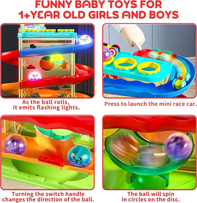 2-in-1 Rolling Ball & Car Ramp Race Track for Toddlers, Hammer Ball Drop Toy for Boys & Girls, Interactive Toys w/Sensor Lights - Montessori STEM Learning Toys - Brithday Gift for Kids 1-5+ Year Old