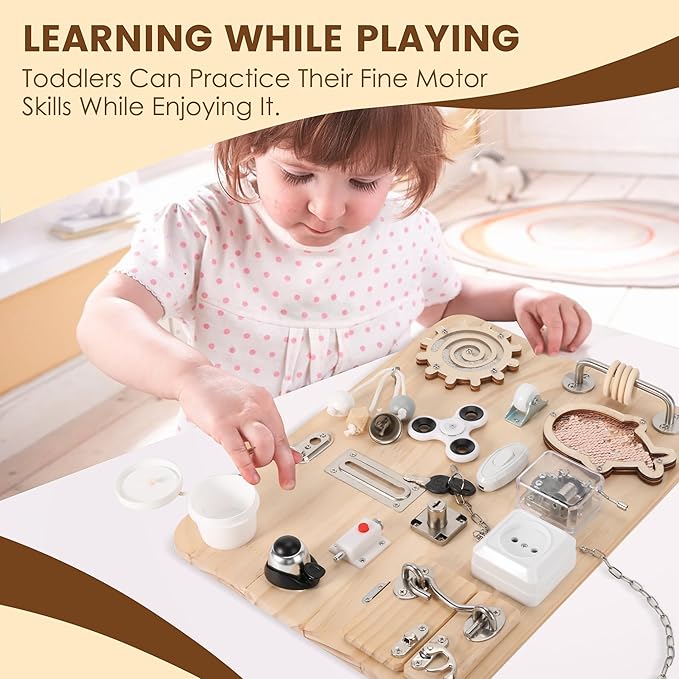 Wooden Montessori Busy Board, Montessori Sensory Activity Board Toys for Kids Toddler Baby Boys Girls, for Autism & ADHD Motor Skills