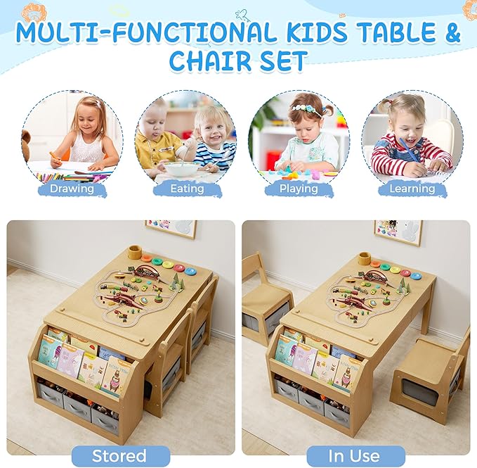 5-in-1 Kids Art Table and Chairs, Toddler Table and Chair Set, Craft Play Desk for Kids, Convertible Art Easel with Paper Roll Holder & Storage Drawers, Children Activity Learning Center - Nature Wood