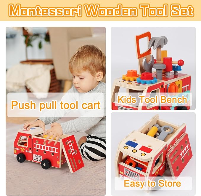 Toddler Tool Kit - 33 PCS Montessori Toddlers Tool Box, Kids Pretend Play Tools Set Age 2-4, STEM Educational Toys for Age 3, Wooden Construction Toy, Boys Birthday Gift 2,3,4,5 Year Old (Fire Engine)