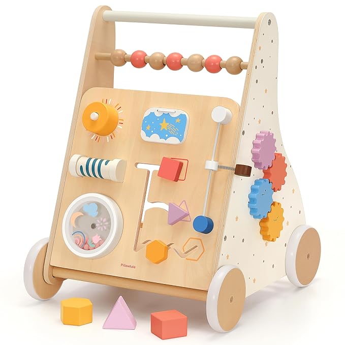 Wooden Baby Walker, Baby Push Walker, Montessori Activity Center Push Toy, Ajustable Speed Baby Walker with Wheels for Toddlers Learning to Walk 12m+