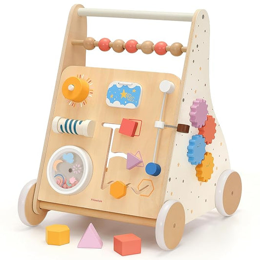 Wooden Baby Walker, Baby Push Walker, Montessori Activity Center Push Toy, Ajustable Speed Baby Walker with Wheels for Toddlers Learning to Walk 12m+