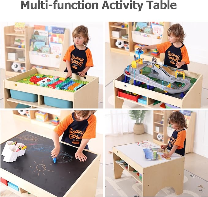 Kids 3-in-1 Wooden Art & Activity Table Playset Furniture with 4 Compartments for Storage, Play Table Compatible with Blocks&Bricks and Train Set for Preschool Toddler Boy & Girl (STD.)