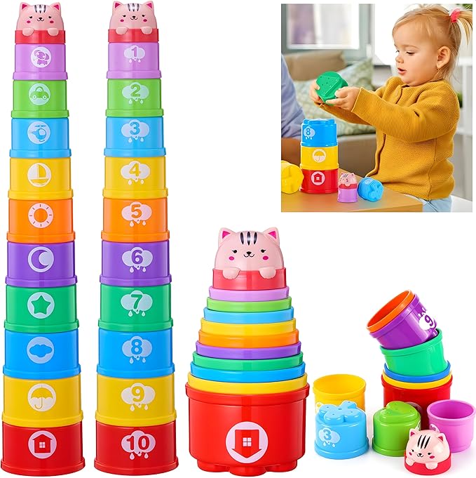 Stacking Cups Baby Toy Set, Nesting Stacking Toys for Toddlers 1-3 Montessori Toys for 1 Year Old Babies 6-12-18 Month Stackable Number Blocks Infant Sensory Bath Easter Basket Stuffers Gifts