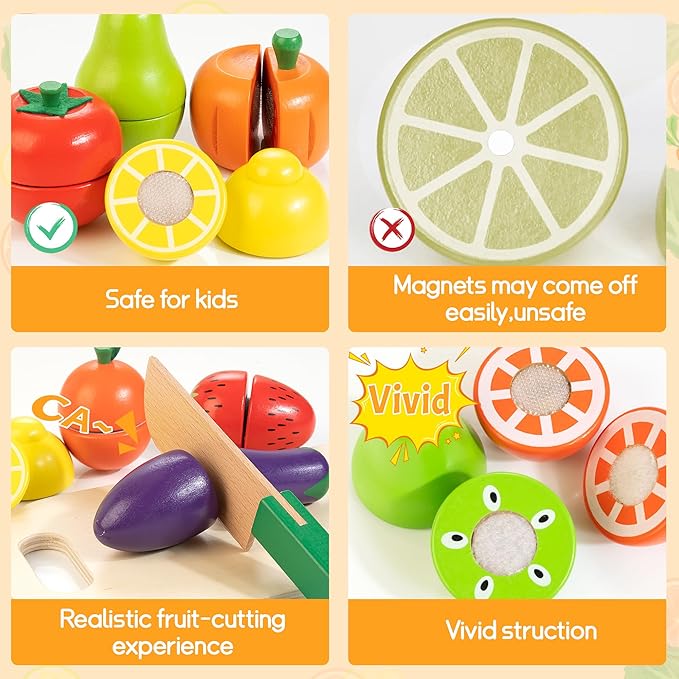 Wooden Play Food for Toddlers, Fruit and Veggies Cutting Set for Kids, Pretend Food Play Kitchen Accessories for 3 4 5 6 7 Years Old Boys & Girls