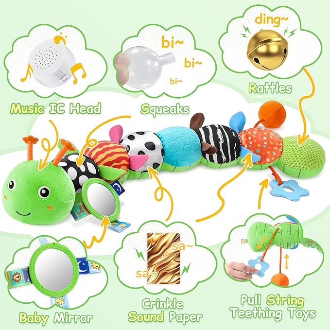 Baby Toys Sensory Musical Animal Stuffed Toy for Infant 0-3-6-12 Months Tummy Time Newborn, Plush Caterpillar with Mirror,Crinkle,Rattle Teething Toys for Baby Boys Girls Shower Gifts, Green