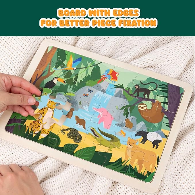 BONNYCO Wooden Puzzles for Kids Ages 4-6 and 3-5. Set of 6 Jigsaw Puzzles 24 Pieces with Board, Animals from Diverse Ecosystems. Educational Toys, Learning Gifts for Boys, Girls